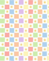 Cute pastel checkered pattern with yellow doodle daisies