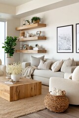 Cozy Living Room With Wooden Coffee Table, Plush Sofa, And Textured Rugs Creating A Relaxing Atmosphere