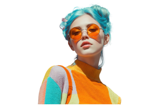 Fashionable woman with bright blue hair in space buns wearing orange sunglasses and a colorful striped sweater. - Powered by Adobe