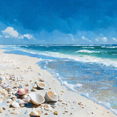 A digital painting of a tranquil beach with shells