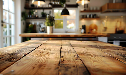 A warm, inviting kitchen with sunlight streaming onto a wooden table. Generate AI