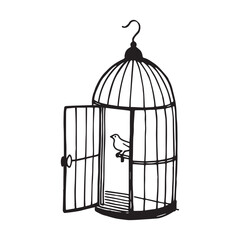 A black line art sketch of an open birdcage with its door ajar, positioned on the left Silhouette vector design.