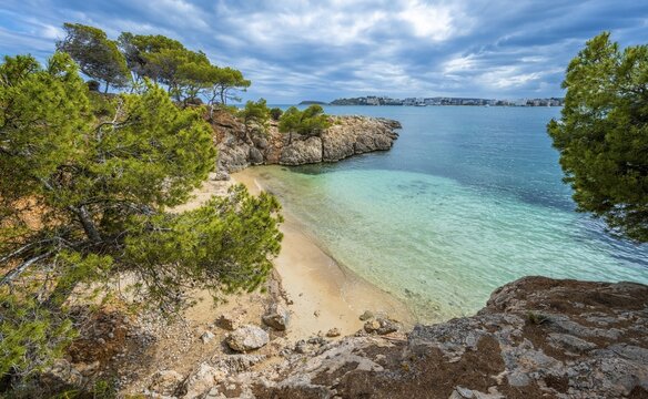 Small bay with sandy beach and blue sea, Cala Punta Negra, Badia de Palma, Majorca, Balearic Islands, Spain
