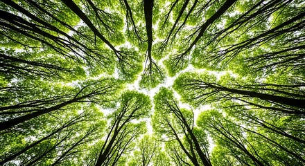 Green canopy of trees from a worms eye view