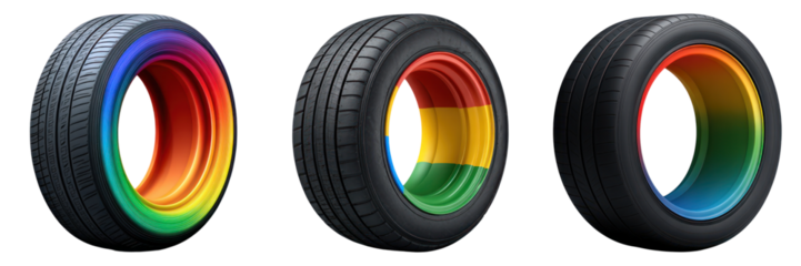 Rainbow racing tire spinning with colorful inner rim and high speed motion effect