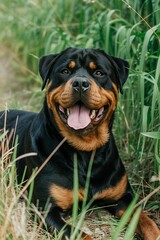Obraz premium Joyful Rottweiler Dog Relaxing in Tall Grass
