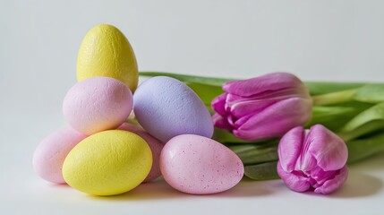 A serene arrangement of Easter eggs and tulips in soft pastel hues, evoking springtime tranquility.