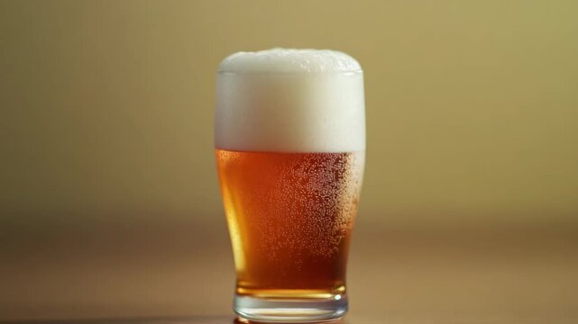 A clear glass of ale with head, on a table.