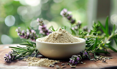 Fresh Green Basil and Herbal Powder . Generate AI