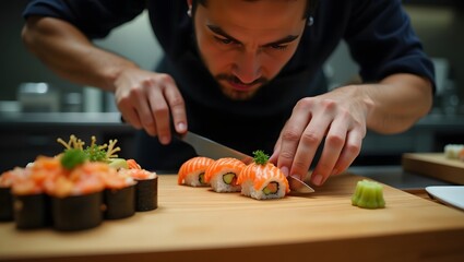 Master Sushi Chef Expertly Slicing and Garnishing Fresh Salmon Rolls, Culinary Precision Chef's Hands Creating Artful Sushi with a Sharp Knife, Skilled Chef Crafting Authentic Japanese Sushi Rolls
