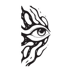 A surreal eye drawn in black line art Silhouette vector design.
