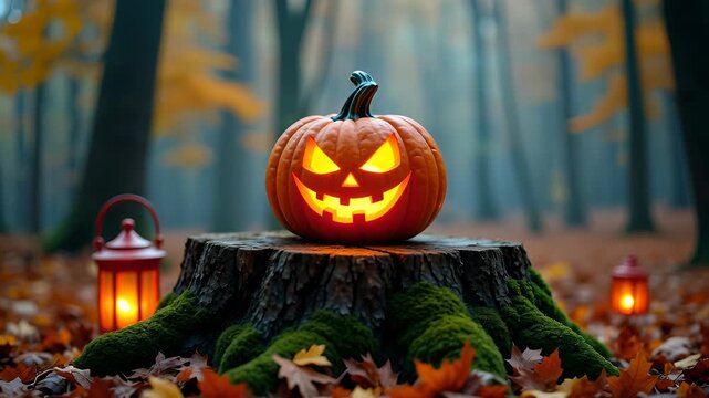 Glowing Halloween Pumpkin on Tree Stump Spooky Forest