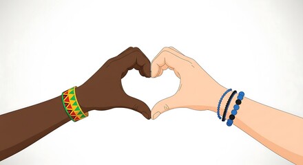 Two hands, different skin tones, form a heart shape, symbolizing unity and love. The hands have bracelets on their wrists.