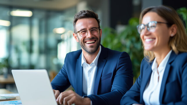 Professional Team Smiling Together in Modern Office Setting with Laptop and Greenery in Background