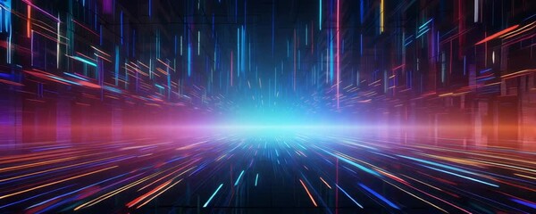 Futuristic digital tunnel with glowing neon light streaks and dynamic speed creating immersive technology depth in dark environment - Powered by Adobe