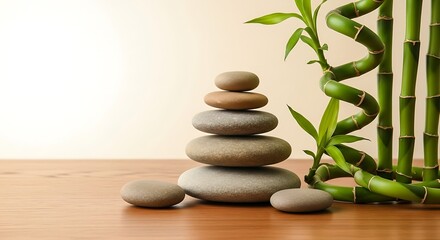 Obraz premium Stacked stones and spiral bamboo on a wooden surface