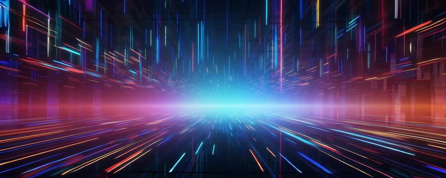 Futuristic digital tunnel with glowing neon light streaks and dynamic speed creating immersive technology depth in dark environment