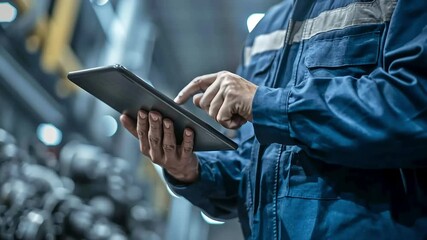 Worker in Blue Uniform Using Tablet in Industrial Warehouse Environment with ai generated - Powered by Adobe