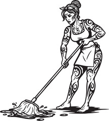 Fototapeta premium Tattooed woman cleaning with a mop, artwork illustrating domesti