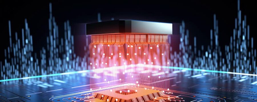 Futuristic microchip processor glowing with orange circuit lines motherboard showcasing advanced digital electronic technology and glowing data flow