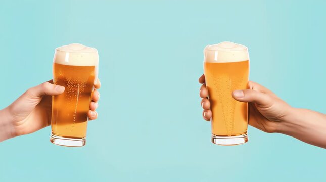 Cold beer glass in hand with foam, two hands clinking drink glasses for celebration and joyful toast, cold foam spilling over beer glass toast