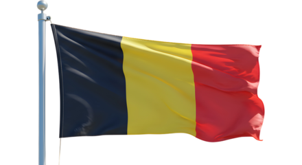 The flag of Belgium waving in the wind against a clear sky. The Belgian flag features three vertical bands of black, yellow, and red