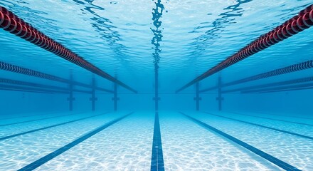 Underwater view of an empty swimming pool with lanes
