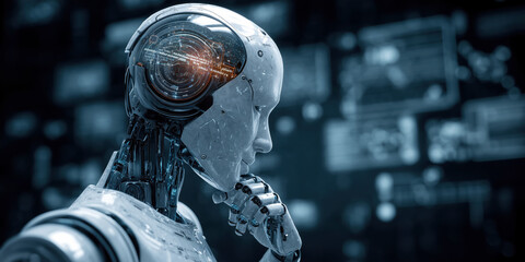 Futuristic robot contemplating data analysis with digital interface and glowing circuits in a dark environment