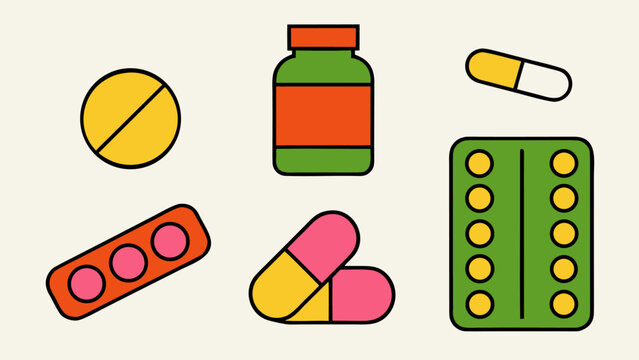 Collection of flat medication and drug icons representing dosage and treatment for healthcare and pharmacy applications