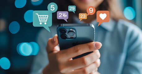 Hands holding smartphone with social media notification icons and shopping cart mobile phone