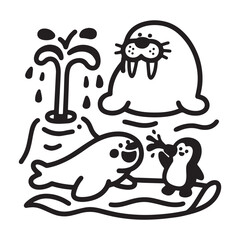  Playful Line Art of Seal, Walrus, and Penguin Splashing Joyfully in the Water Silhouette vector design..