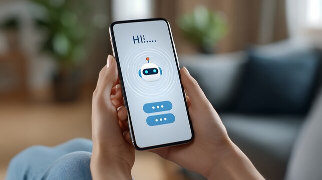 Person holding a smartphone with a chat interface displaying a robot avatar