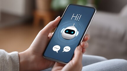 Person holding smartphone with ai chatbot interface displayed
