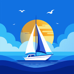 Naklejka premium Minimalist yacht sailing across a deep blue ocean under a bright sun, seagulls flying overhead, horizon line clean and sharp, soft waves drawn in paper-cut style. Perfect for cruise promotions