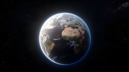 Obraz premium The image features a detailed view of Earth against a backdrop of stars, showcasing its continents, oceans, and a glowing atmospheric effect.