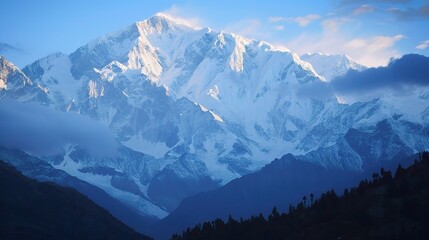 Majestic view of Nanga Parbat, the ninth-highest mountain in the world, featuring snow-capped peaks, steep rocky cliffs, glaciers, and swirling clouds in the Himalayas