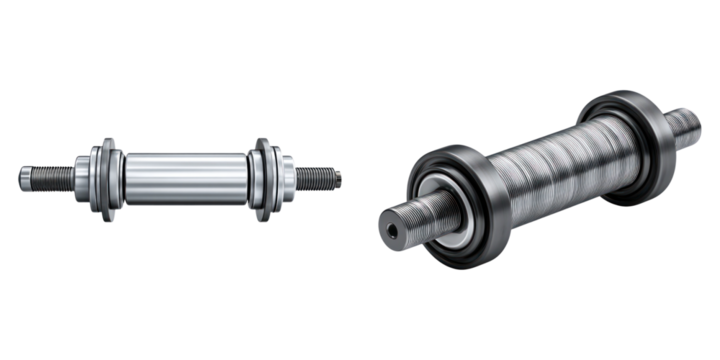 Bicycle hub axle and threaded hub spindle parts isolated transparency background with metallic texture and mechanical details