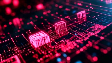 Futuristic Technology Circuit Board with Glowing Neon Cubes and Data Flow - Powered by Adobe