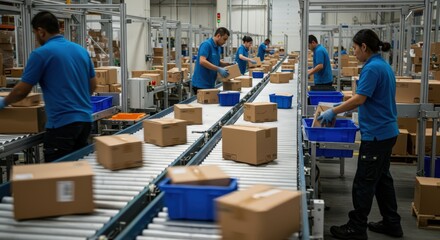 The dynamic scene of several workers on a conveyor belt line, sorting packages quickly as they move past.