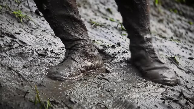 Mudcovered boots struggle through thick muck