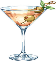Watercolor illustration of a classic martini cocktail. Cocktail drink watercolor illustration on transparent background.