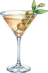 Watercolor illustration of a classic martini cocktail. Cocktail drink watercolor illustration on transparent background.