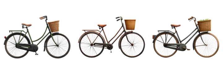 Vintage bicycles with wicker baskets and leather seats arranged in row, evoking charming countryside feeling