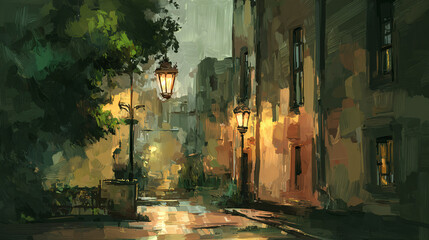 A digital painting of a warm urban street with lamps