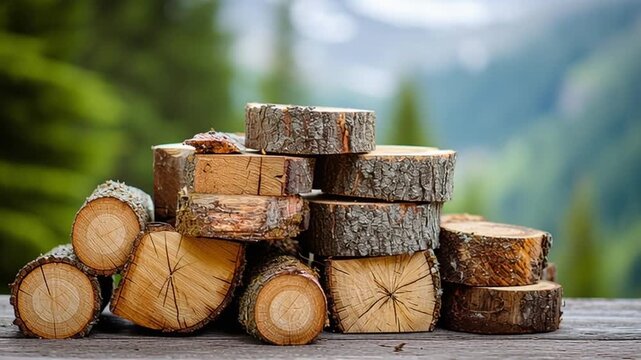Close up of a neatly stacked pile of firewood on a wooden surface with a blurred natural backdrop. The wood is of varying sizes and shapes