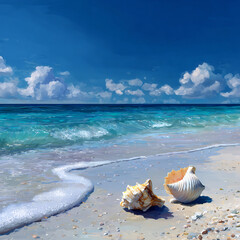 A digital painting of a tranquil seaside with seashells