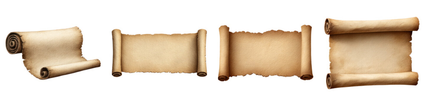Vintage parchment scrolls with aged texture and curled edges, evoking nostalgic and historical feeling of ancient documents