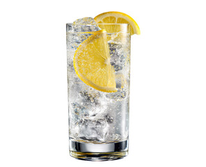 Refreshing drink in tall glass with ice and lemon