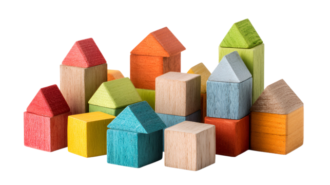 Colorful Wooden Blocks Building a Cityscape,