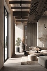 Fototapeta premium Modern minimalist living room with beige sofa, round ottomans, and tall windows. Warm neutral palette and wood ceiling slats. Calm focus for real estate listings and interior design marketing.